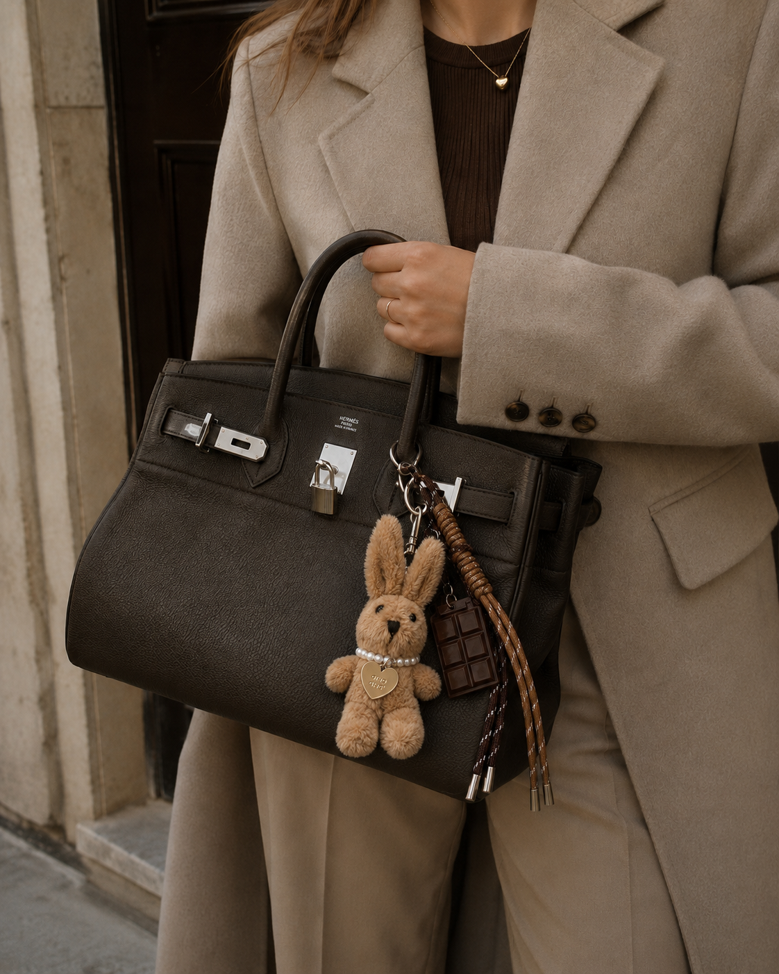 Bag Charm Ursinho com Colar em uso com bolsa - Charmme Brasil
