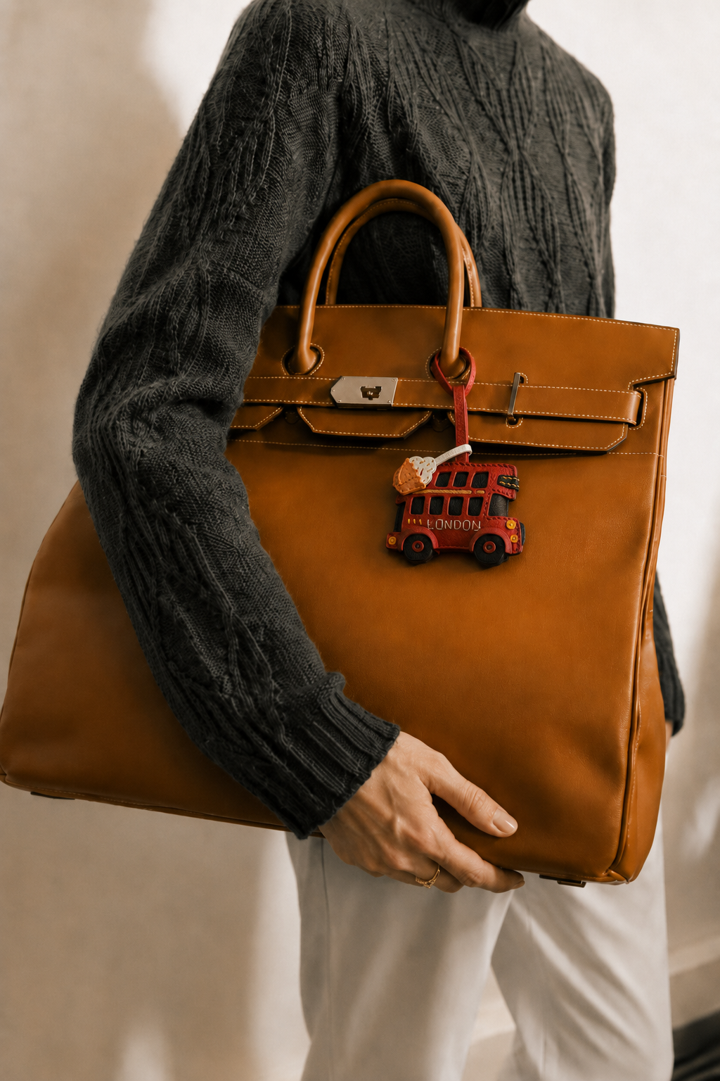 Bag Charm London Bus em uso com bolsa - Charmme Brasil