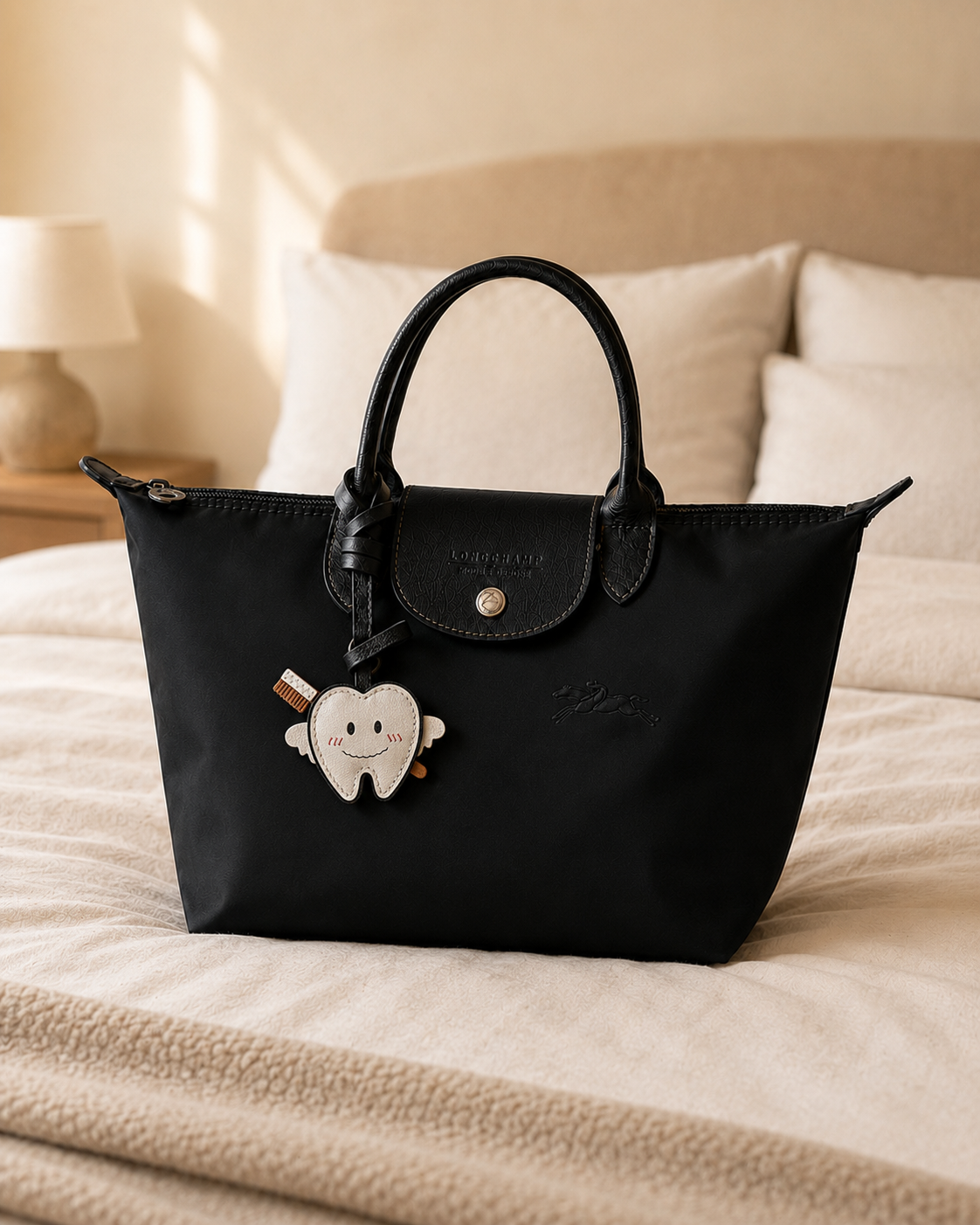 Bag Charm Dente em uso com bolsa - Charmme Brasil