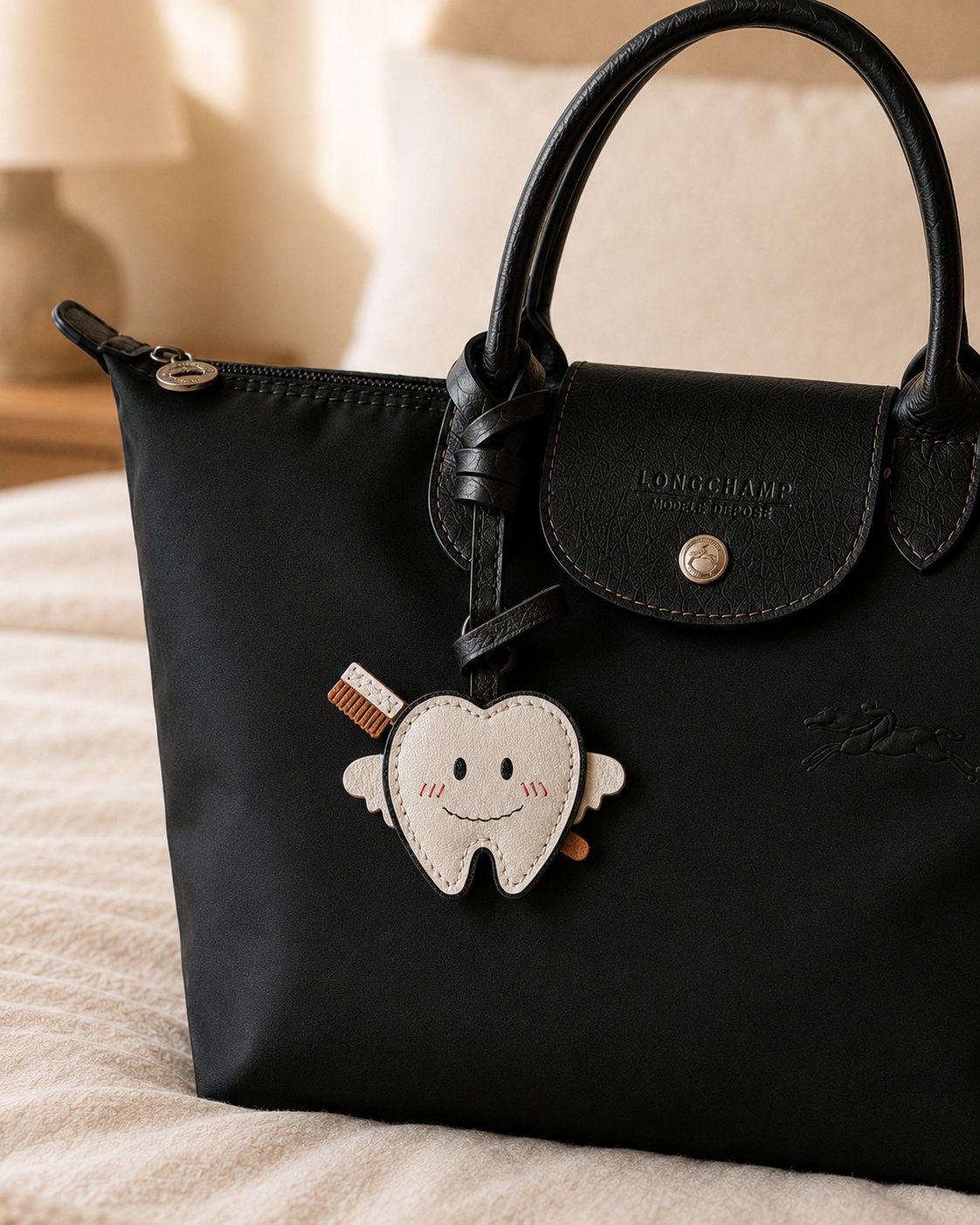 Bag Charm Dente em uso com bolsa - Charmme Brasil