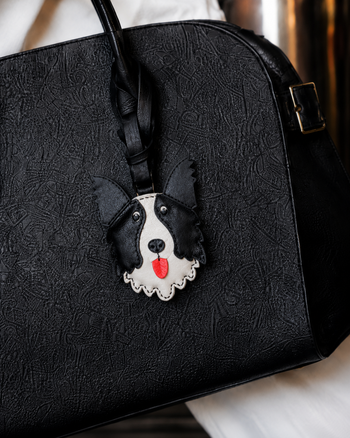 Bag Charm Border Collie em uso com bolsa - Charmme Brasil