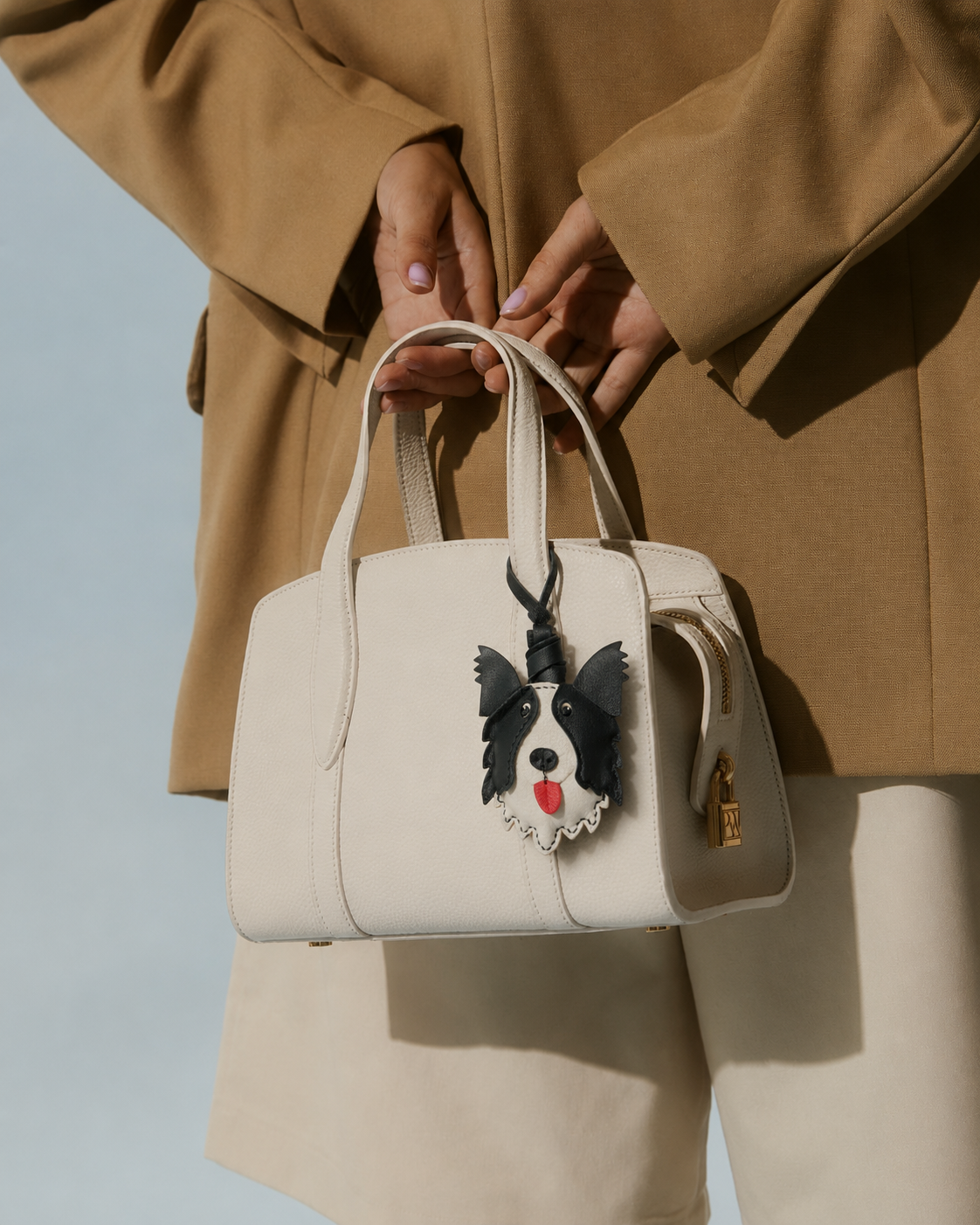 Bag Charm Border Collie em uso com bolsa - Charmme Brasil
