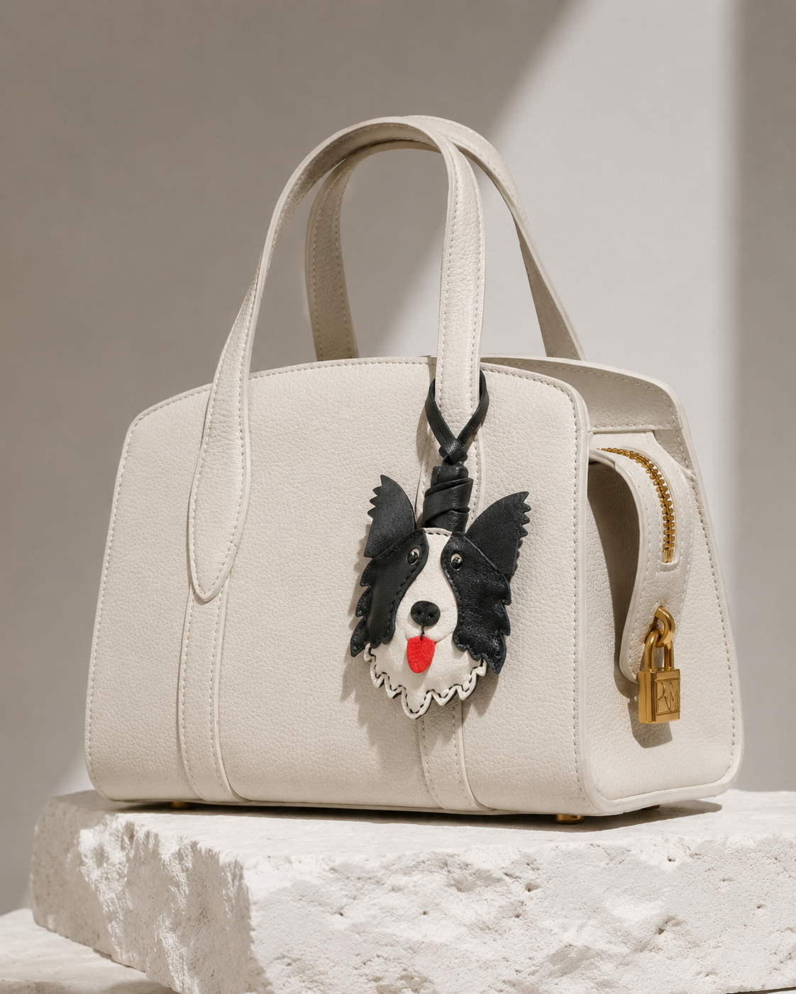 Bag Charm Border Collie em uso com bolsa - Charmme Brasil