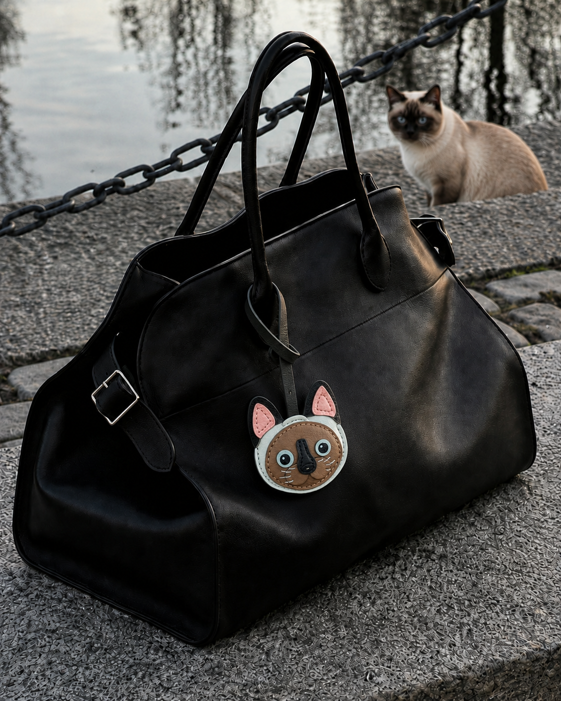 Bag Charm Gato Siamês Ponto Foca em uso com bolsa - Charmme Brasil