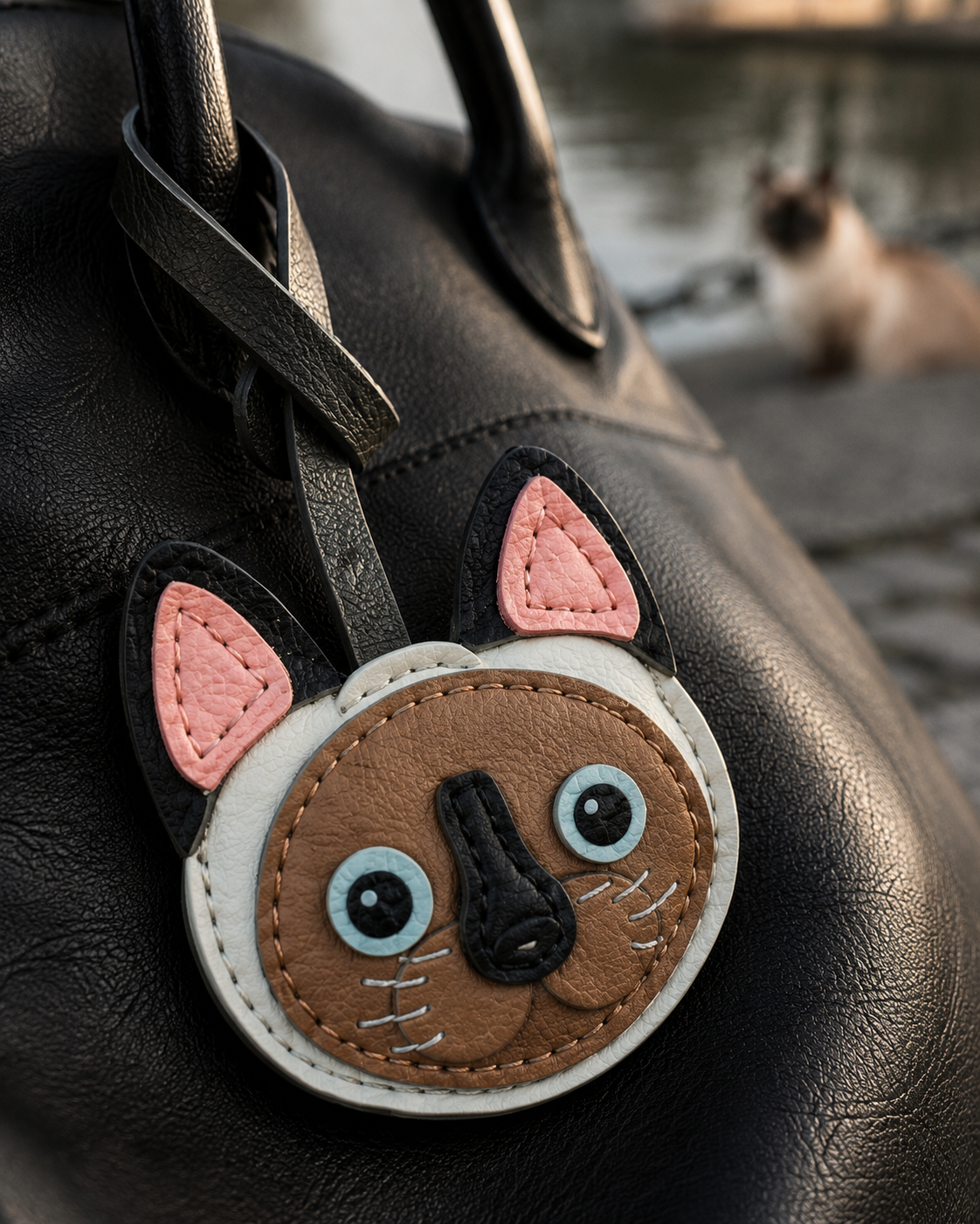 Bag Charm Gato Siamês Ponto Foca em uso com bolsa - Charmme Brasil