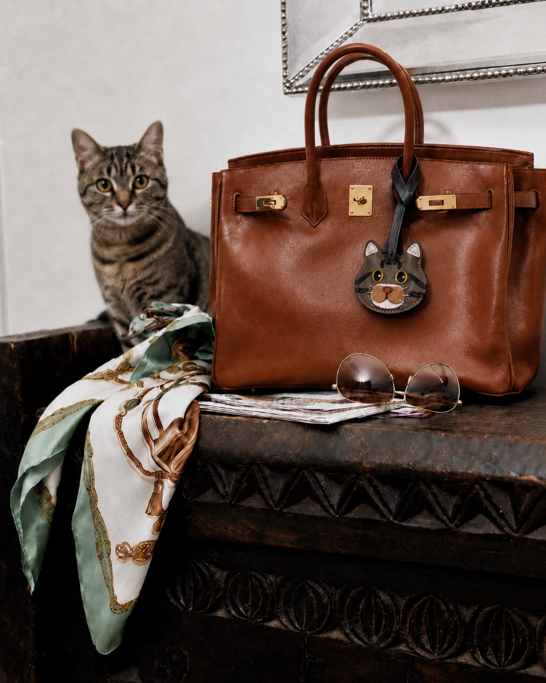 Bag Charm Gato Tigrado em uso com bolsa - Charmme Brasil