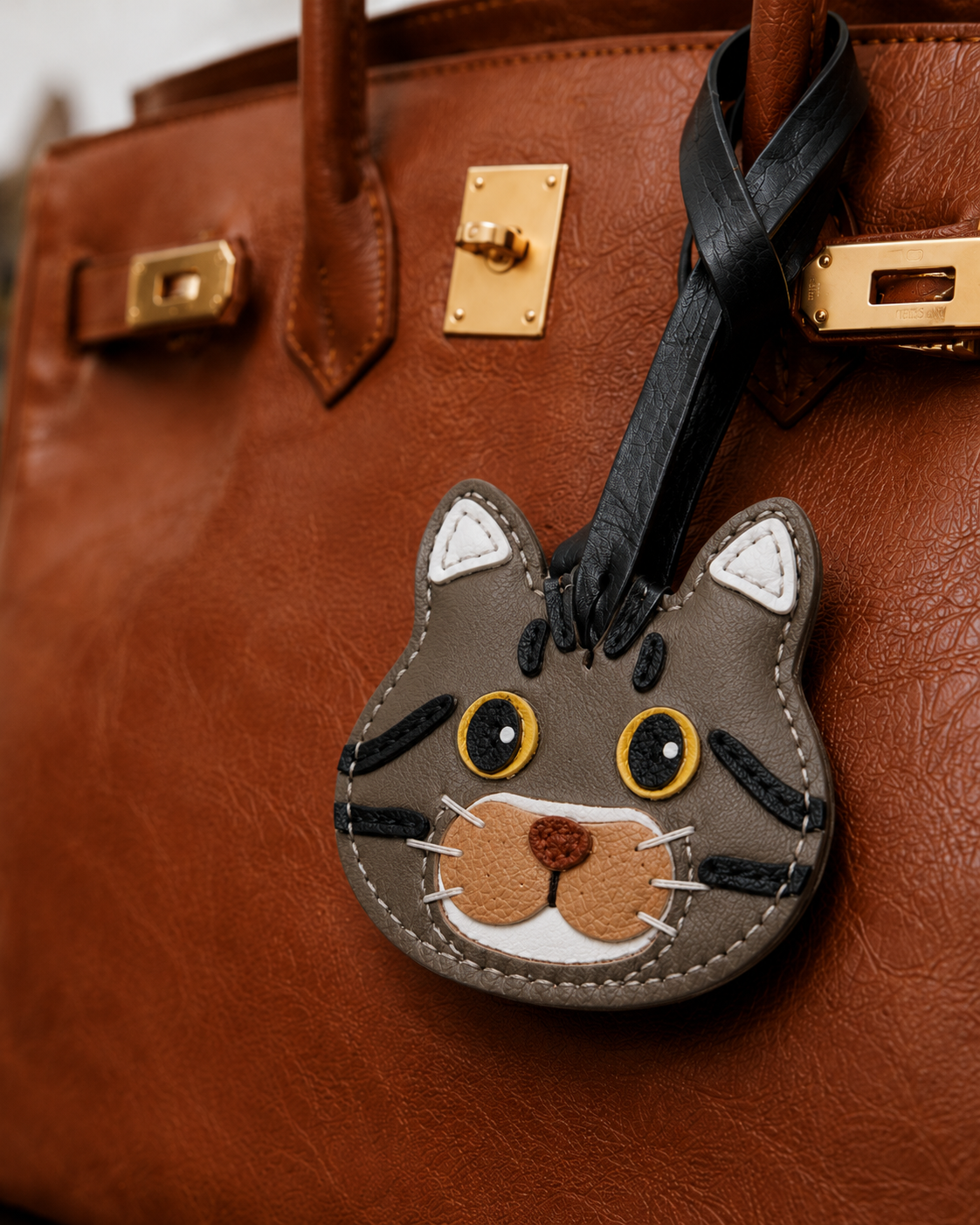 Bag Charm Gato Tigrado em uso com bolsa - Charmme Brasil