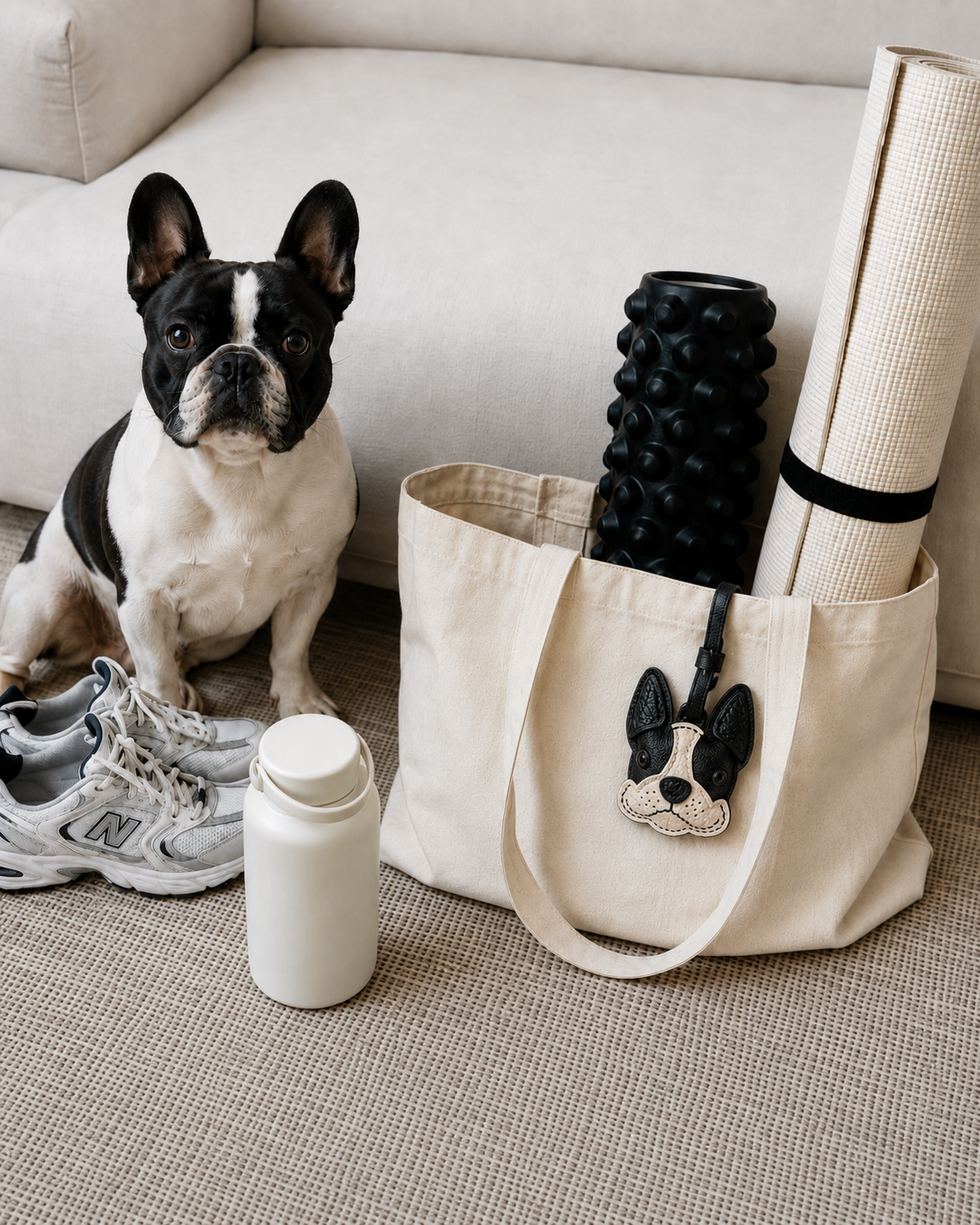 Bag Charm Bulldog Francês em uso com bolsa - Charmme Brasil