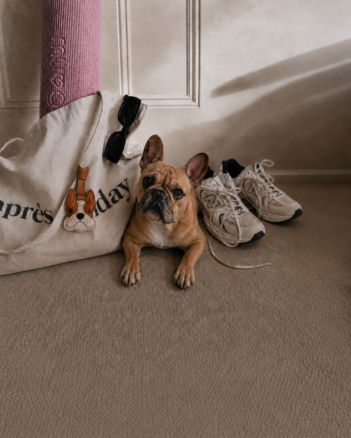 Bag Charm Bulldog Francês em uso com bolsa - Charmme Brasil