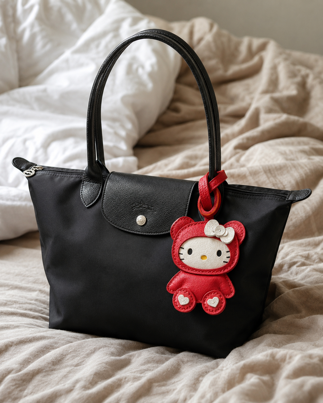 Bag Charm Hello Kitty de Pijama em uso com bolsa - Charmme Brasil