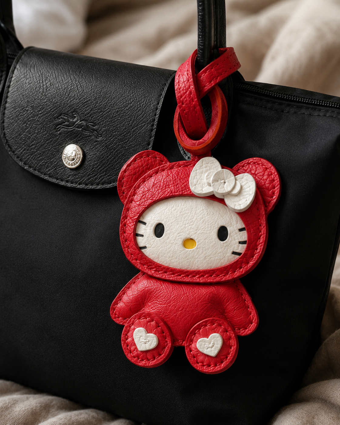 Bag Charm Hello Kitty de Pijama em uso com bolsa - Charmme Brasil