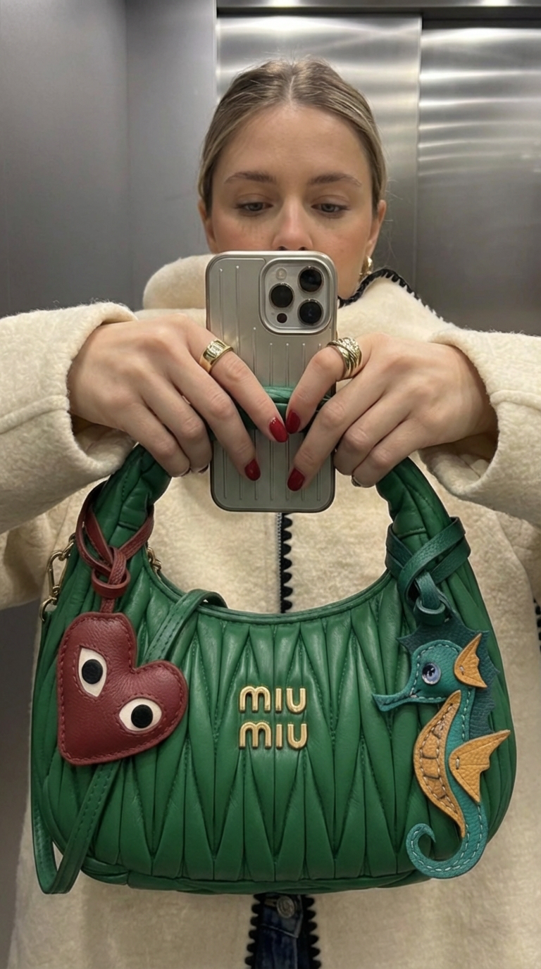 Bag Charm Cavalo Marinho em uso com bolsa - Charmme Brasil