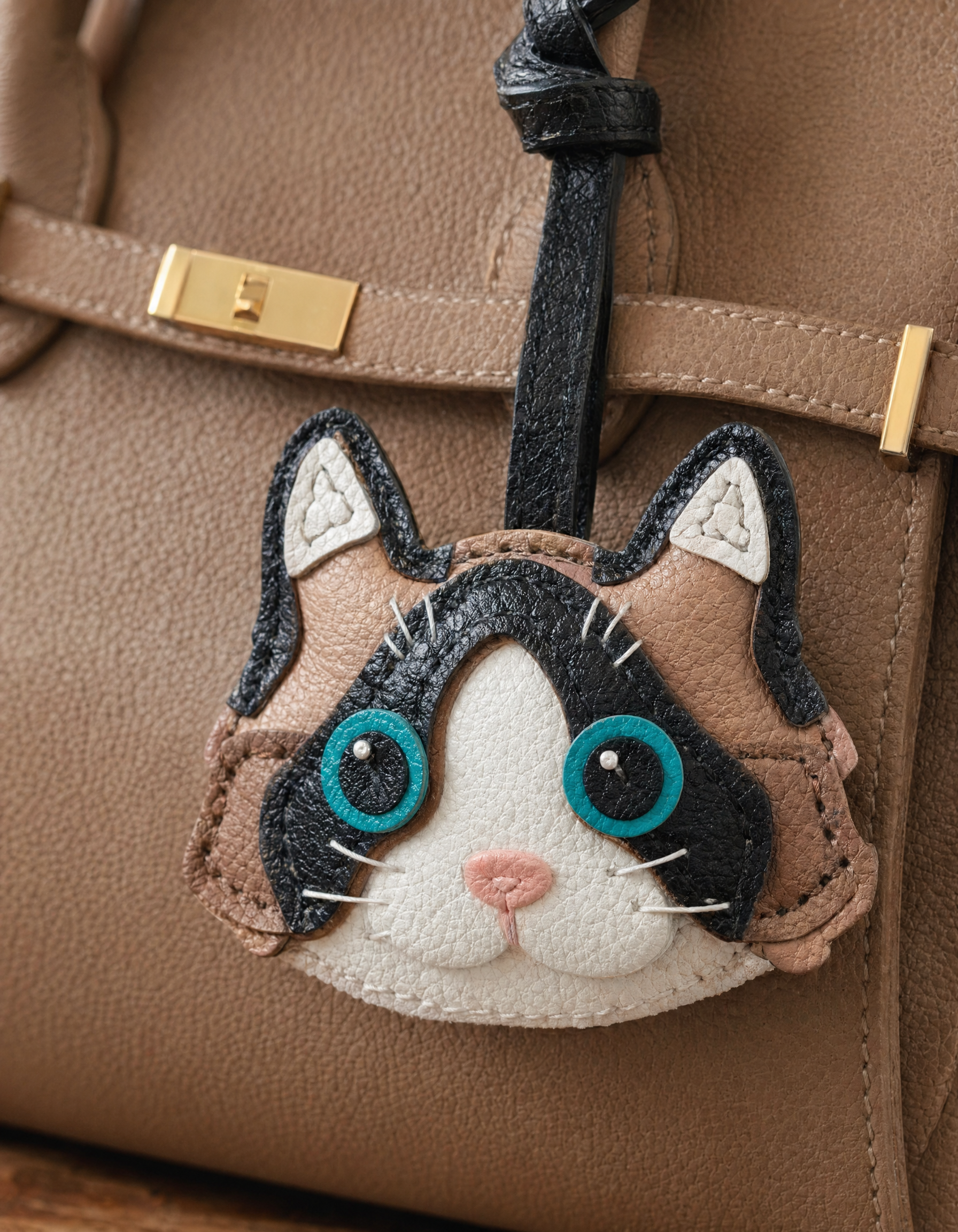 Bag Charm Gato Siamês em uso com bolsa - Charmme Brasil